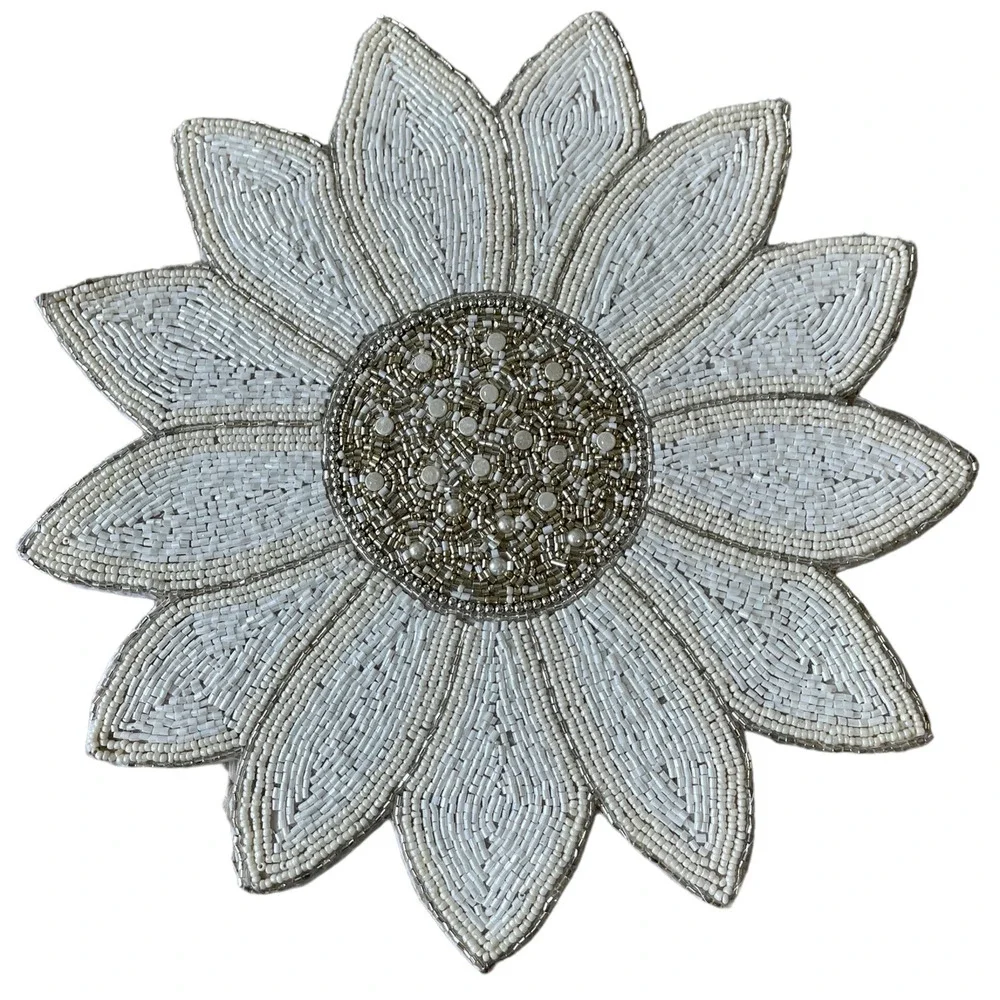 TAHARI HOME Glass Hand Beaded Charger Placemat 15in White Silver Floral NEW